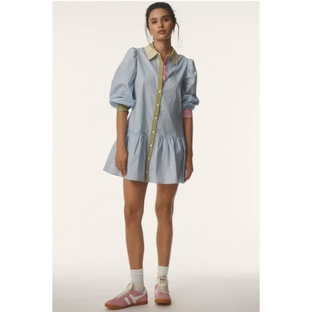 English Factory Mixed Stripe Colorblock Tiered Shirt Dress M Preppy NWT